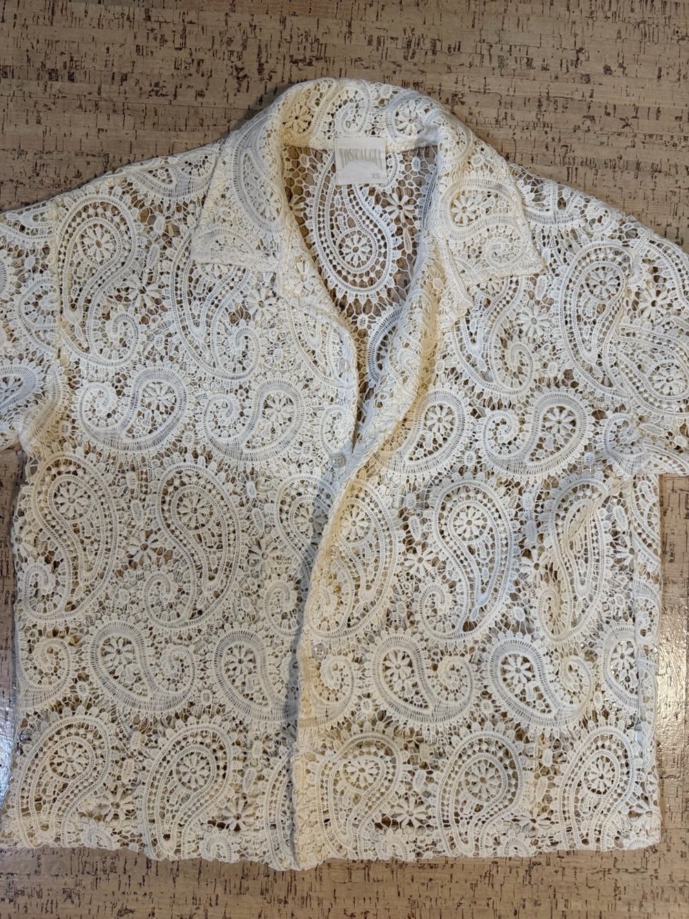 Nostalgia Cream Paisley Lace Button Up Shirt XS Sheer Boxy Cropped